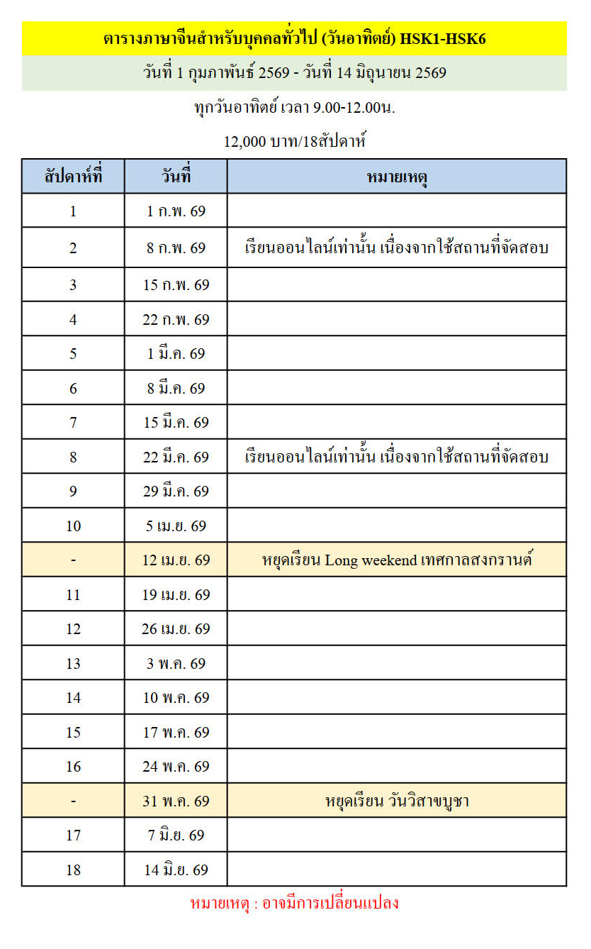 ตารางเรียนหลักสูตรภาษาจีนทั่วไป (HSK 1 - HSK 6)