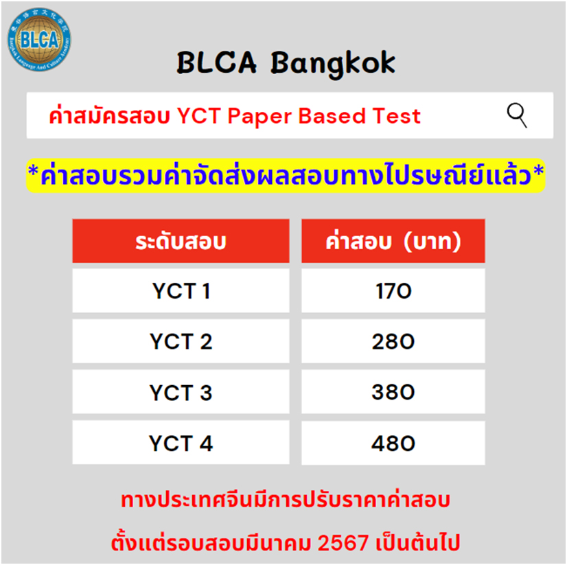 ค่าสอบ YCT รวมค่าจัดส่งผลสอบ